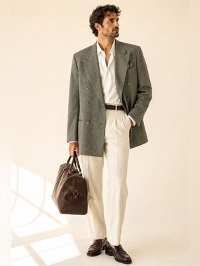 Vintage Olive Wool Double Breast Power Blazer 48R US Oversized Rimeris Studio